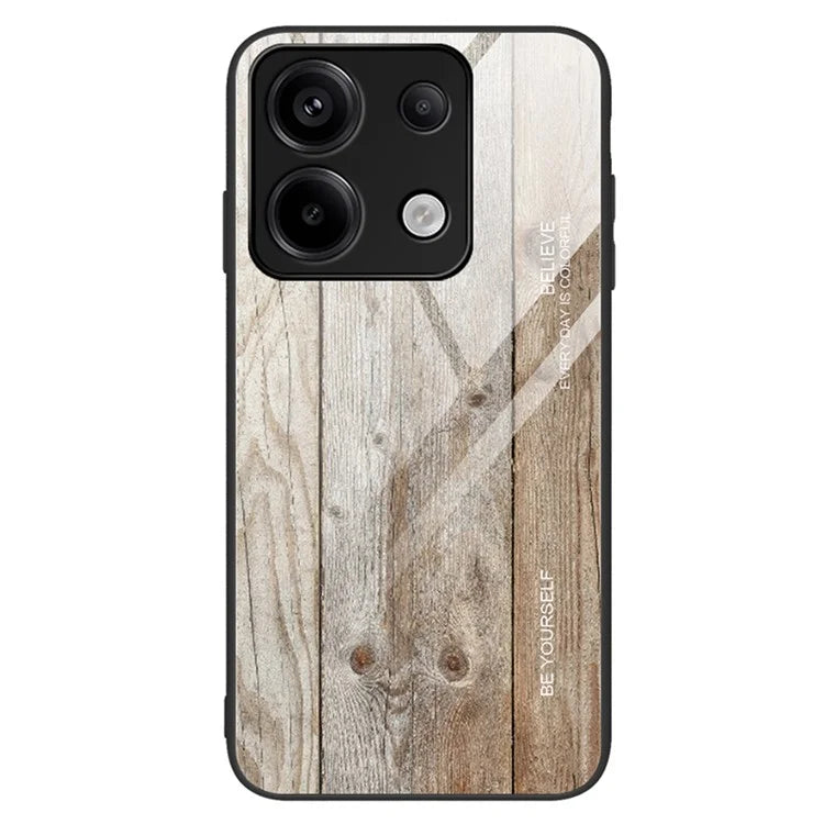 For Xiaomi Redmi Note 13 Pro 5G / Poco X6 5G Wood Texture Case Tempered Glass+TPU Slim-Fit Back Shell