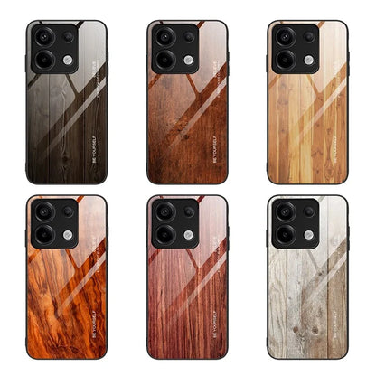 For Xiaomi Redmi Note 13 Pro 5G / Poco X6 5G Wood Texture Case Tempered Glass+TPU Slim-Fit Back Shell