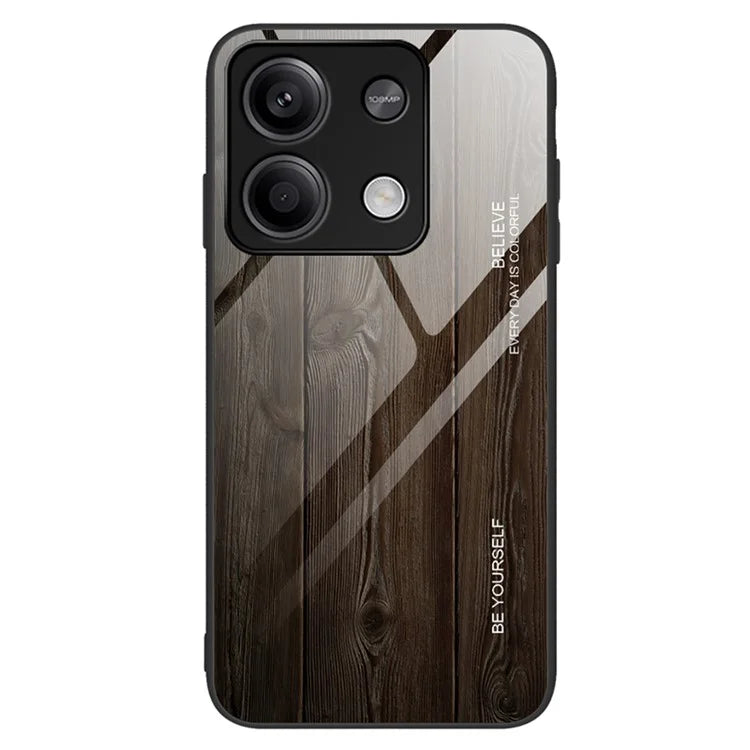 For Xiaomi Redmi Note 13 5G Tempered Glass Case TPU Frame Wood Texture Phone Cover