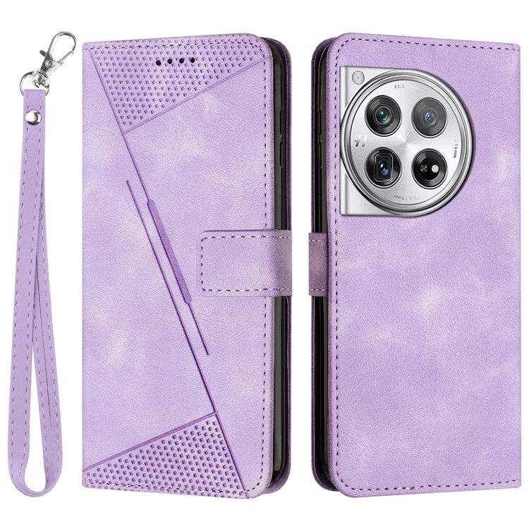 For OnePlus 12 5G Wallet Case Triangle Imprinted Leather Phone Cover with Stand