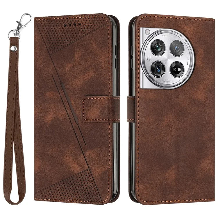 For OnePlus 12 5G Wallet Case Triangle Imprinted Leather Phone Cover with Stand
