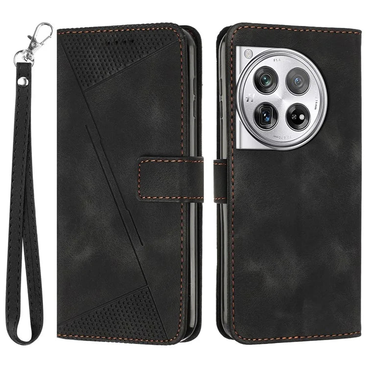 For OnePlus 12 5G Wallet Case Triangle Imprinted Leather Phone Cover with Stand