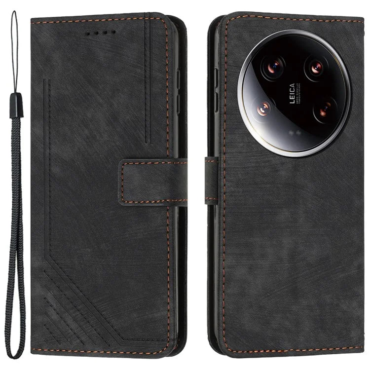 For Xiaomi 14 Ultra Cell Phone Cases PU Leather Lines Imprinted Skin-touch Cover