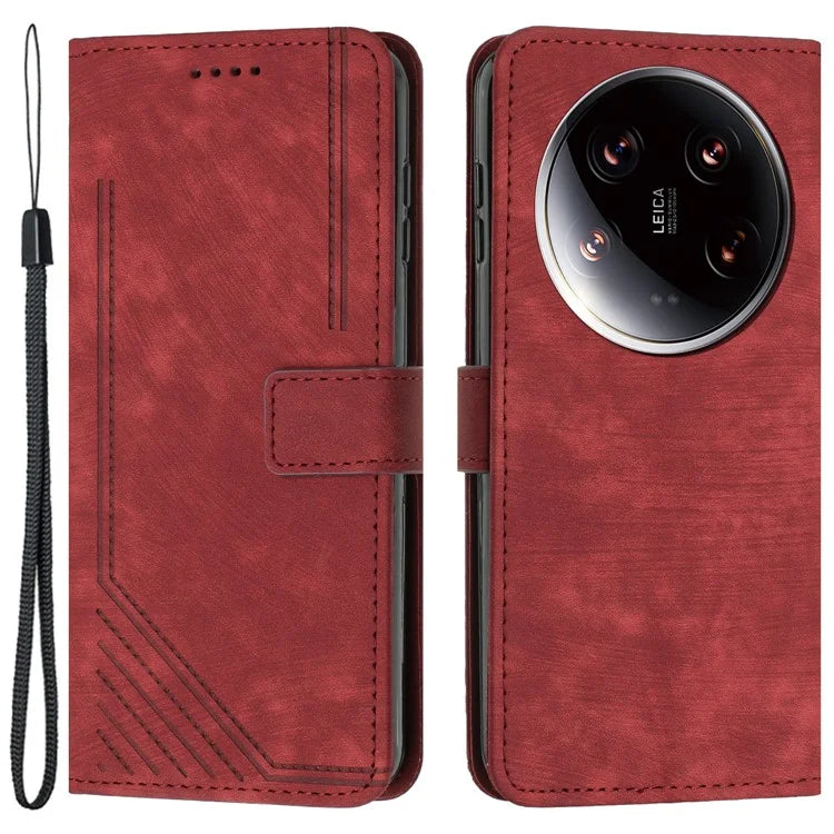 For Xiaomi 14 Ultra Cell Phone Cases PU Leather Lines Imprinted Skin-touch Cover