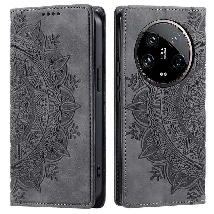 For Xiaomi 14 Ultra Case PU Leather Mandala Flower Magnetic Closure Phone Cover
