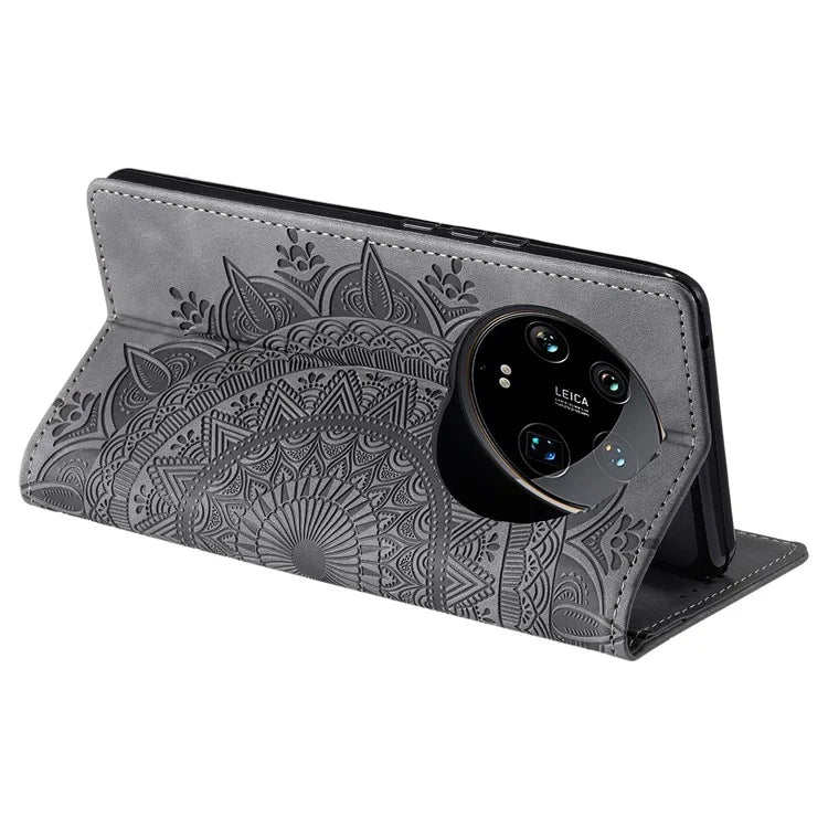 For Xiaomi 14 Ultra Case PU Leather Mandala Flower Magnetic Closure Phone Cover