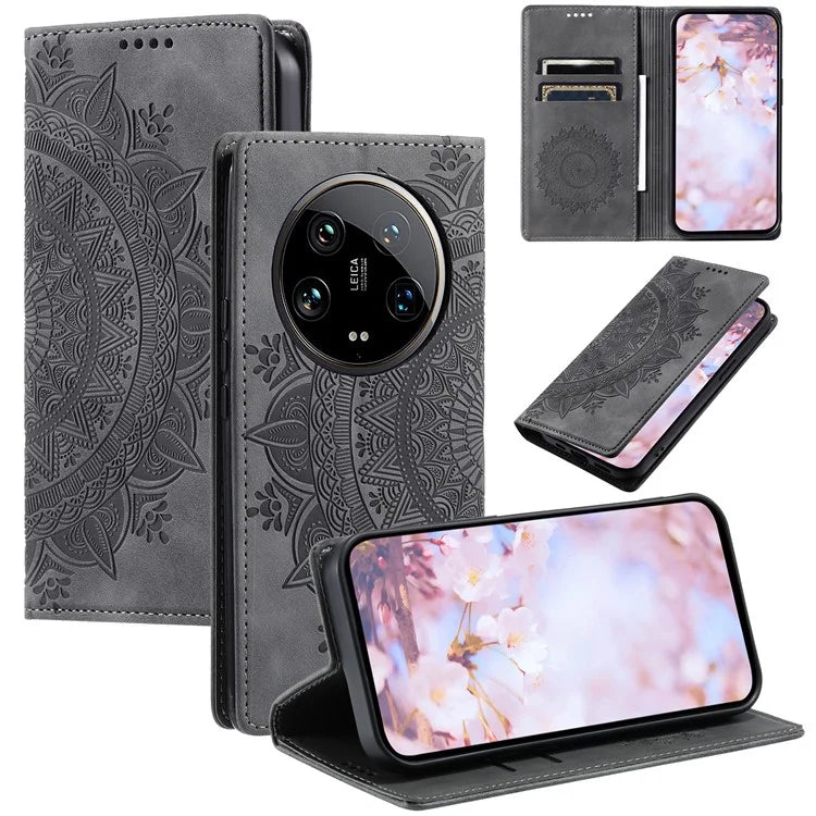 For Xiaomi 14 Ultra Case PU Leather Mandala Flower Magnetic Closure Phone Cover