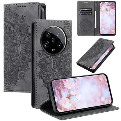 For Xiaomi 14 Ultra Case PU Leather Mandala Flower Magnetic Closure Phone Cover