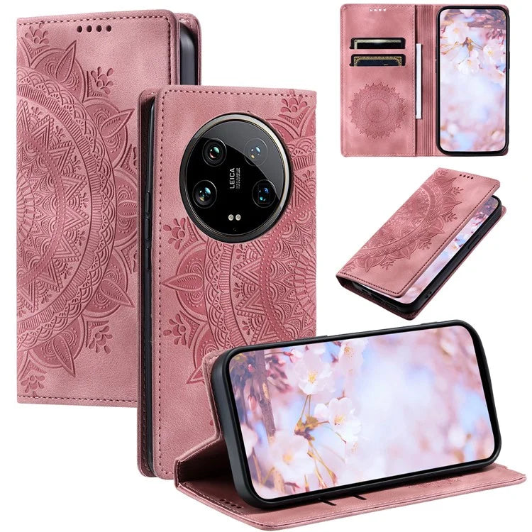 For Xiaomi 14 Ultra Case PU Leather Mandala Flower Magnetic Closure Phone Cover
