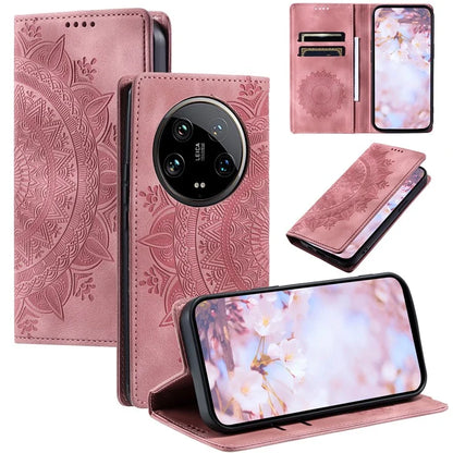 For Xiaomi 14 Ultra Case PU Leather Mandala Flower Magnetic Closure Phone Cover
