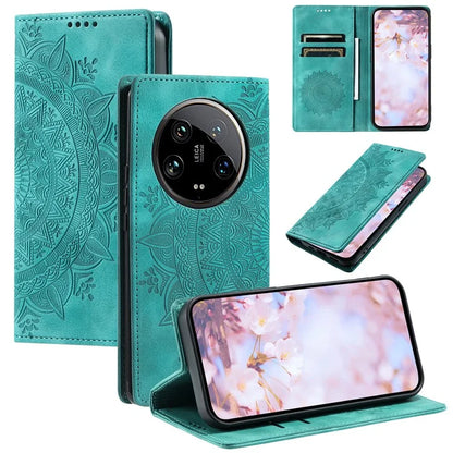 For Xiaomi 14 Ultra Case PU Leather Mandala Flower Magnetic Closure Phone Cover