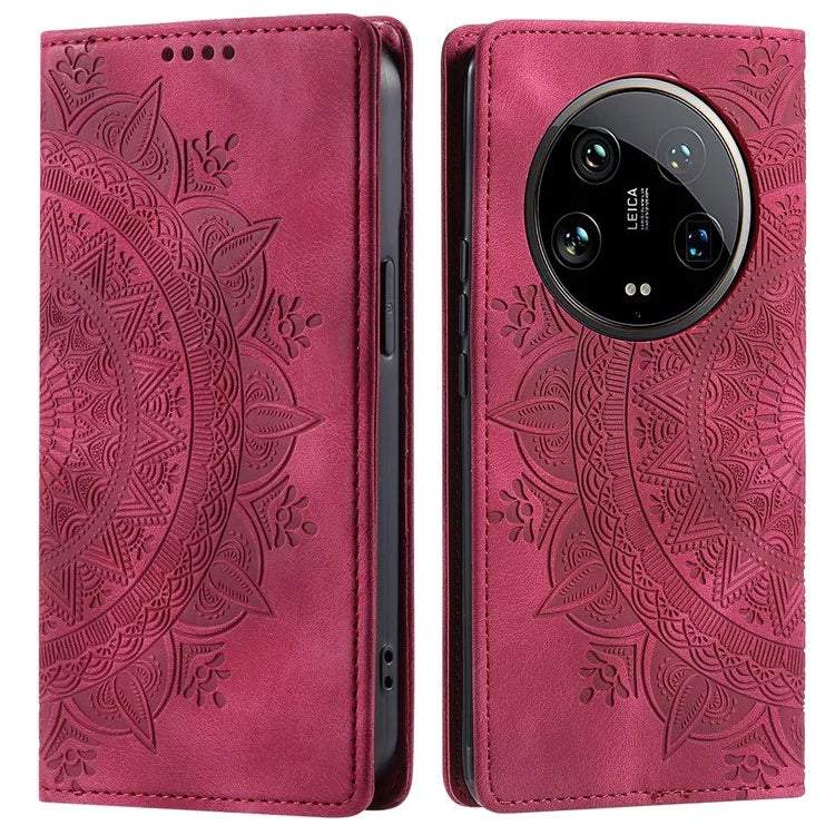 For Xiaomi 14 Ultra Case PU Leather Mandala Flower Magnetic Closure Phone Cover