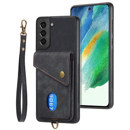 D1 For Samsung Galaxy S21 FE 5G Case Retro PU Leather Coated TPU Cover with Card Holder Kickstand