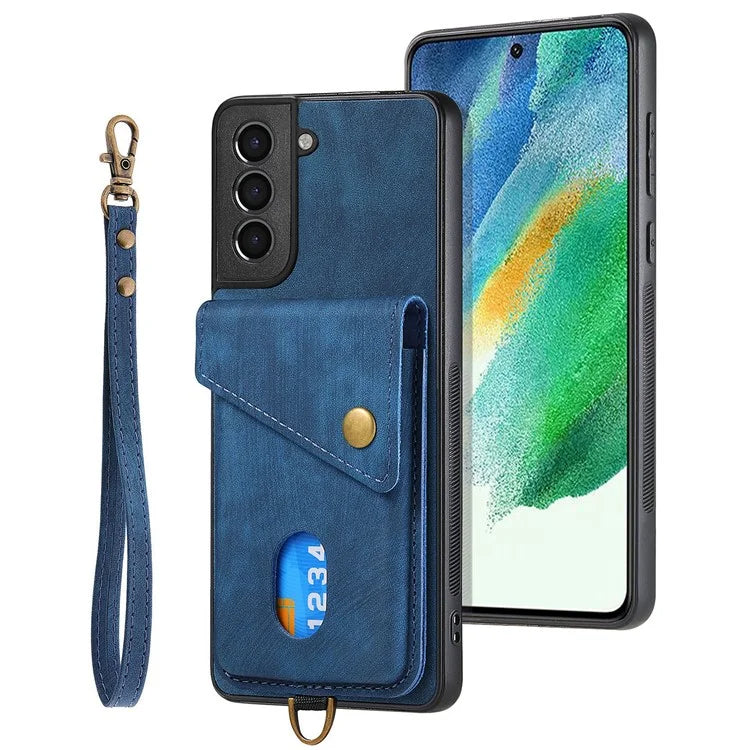 D1 For Samsung Galaxy S21 FE 5G Case Retro PU Leather Coated TPU Cover with Card Holder Kickstand