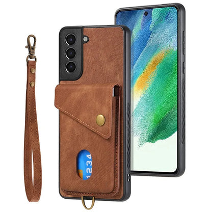 D1 For Samsung Galaxy S21 FE 5G Case Retro PU Leather Coated TPU Cover with Card Holder Kickstand