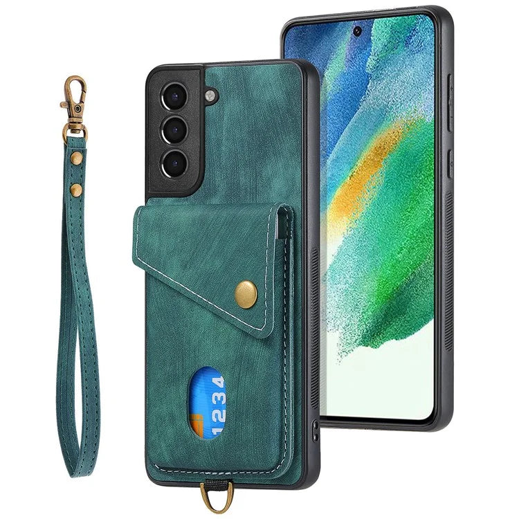 D1 For Samsung Galaxy S21 FE 5G Case Retro PU Leather Coated TPU Cover with Card Holder Kickstand