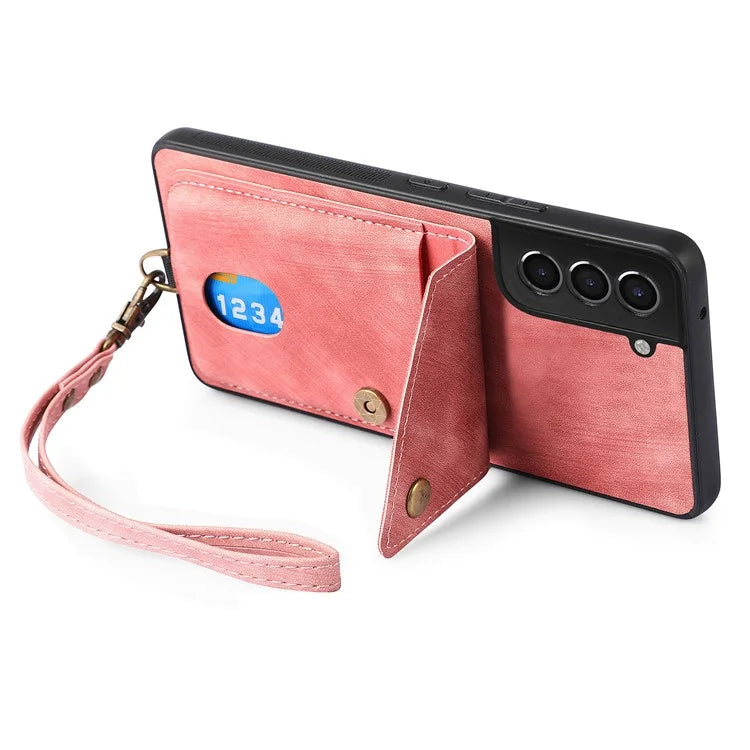 D1 For Samsung Galaxy S21 FE 5G Case Retro PU Leather Coated TPU Cover with Card Holder Kickstand