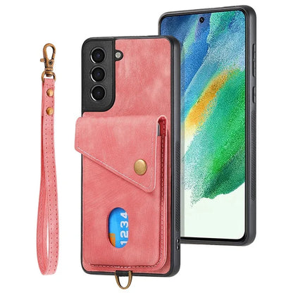 D1 For Samsung Galaxy S21 FE 5G Case Retro PU Leather Coated TPU Cover with Card Holder Kickstand