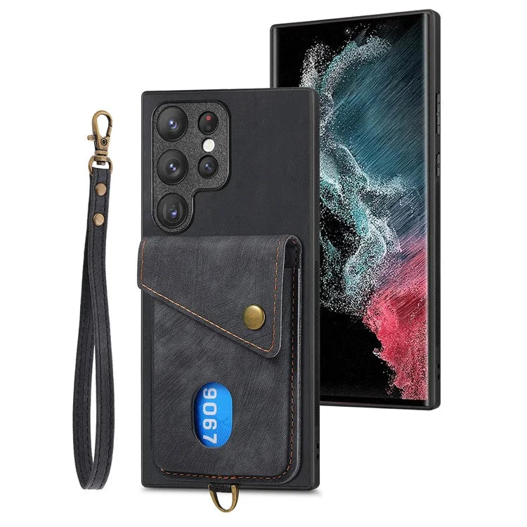 D1 For Samsung Galaxy S22 Ultra 5G Case Kickstand Card Slot Leather+TPU Retro Phone Cover