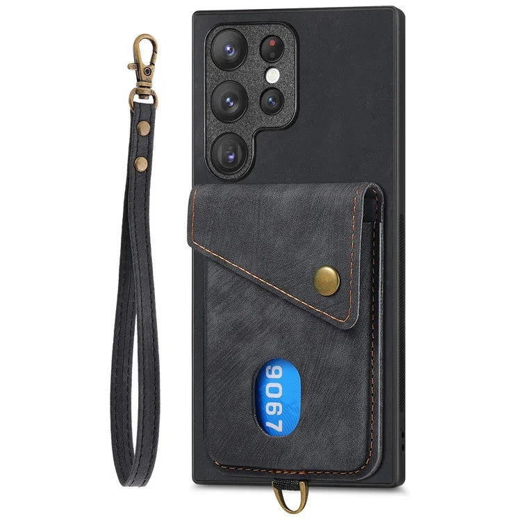 D1 For Samsung Galaxy S22 Ultra 5G Case Kickstand Card Slot Leather+TPU Retro Phone Cover