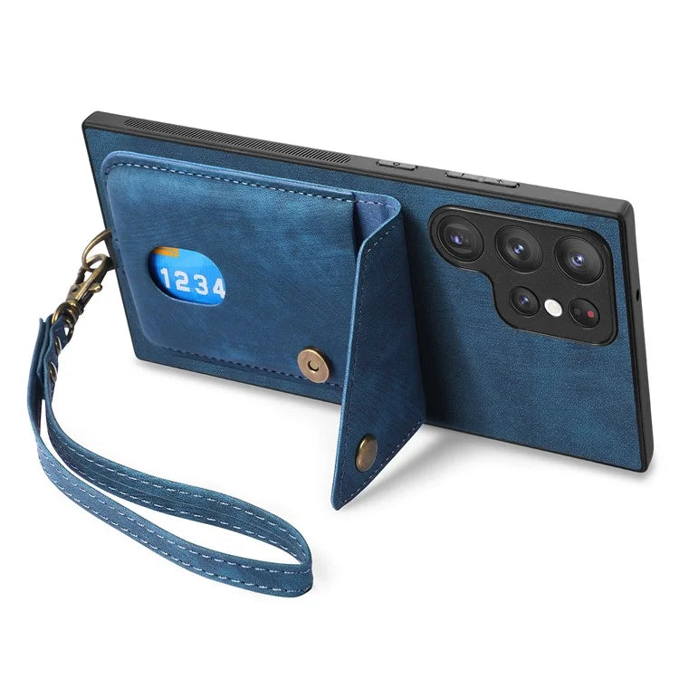 D1 For Samsung Galaxy S22 Ultra 5G Case Kickstand Card Slot Leather+TPU Retro Phone Cover