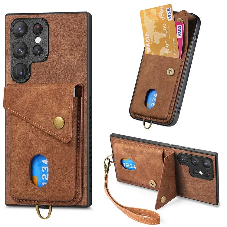 D1 For Samsung Galaxy S22 Ultra 5G Case Kickstand Card Slot Leather+TPU Retro Phone Cover