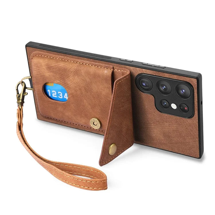 D1 For Samsung Galaxy S22 Ultra 5G Case Kickstand Card Slot Leather+TPU Retro Phone Cover