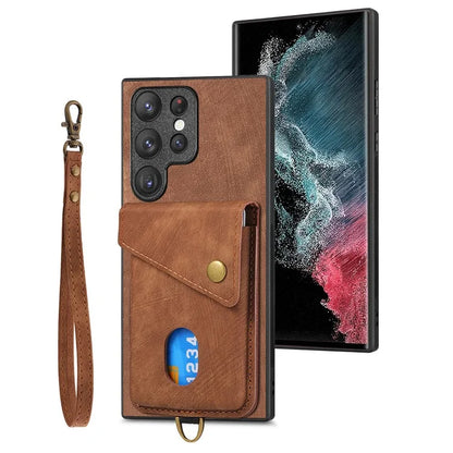 D1 For Samsung Galaxy S22 Ultra 5G Case Kickstand Card Slot Leather+TPU Retro Phone Cover