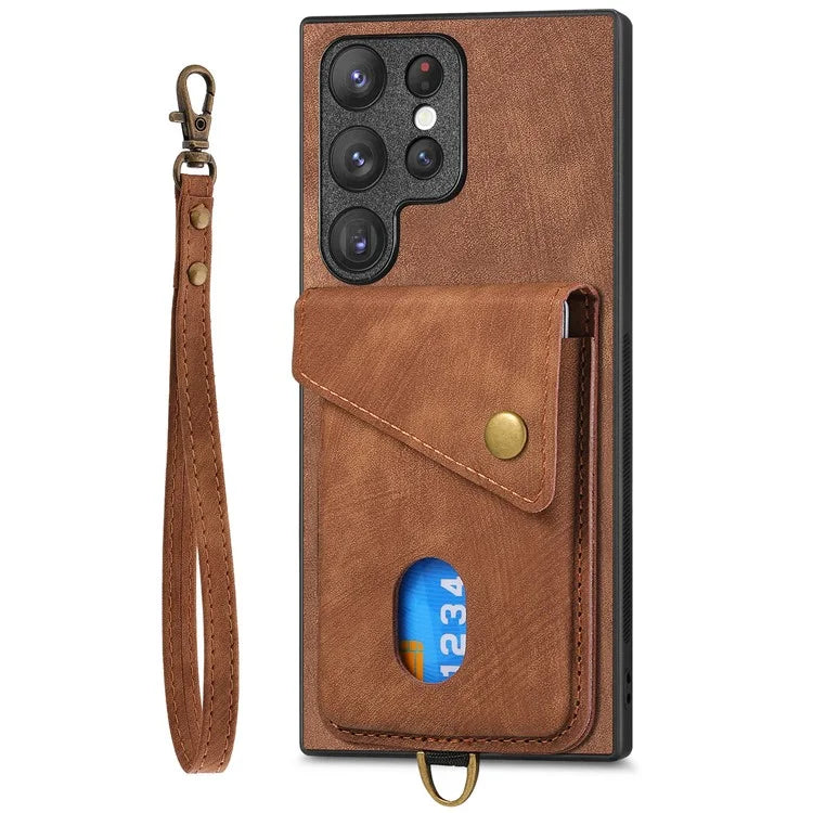 D1 For Samsung Galaxy S22 Ultra 5G Case Kickstand Card Slot Leather+TPU Retro Phone Cover
