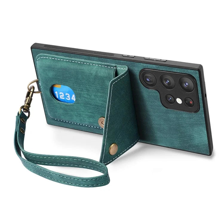 D1 For Samsung Galaxy S22 Ultra 5G Case Kickstand Card Slot Leather+TPU Retro Phone Cover