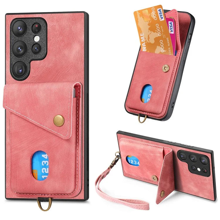 D1 For Samsung Galaxy S22 Ultra 5G Case Kickstand Card Slot Leather+TPU Retro Phone Cover