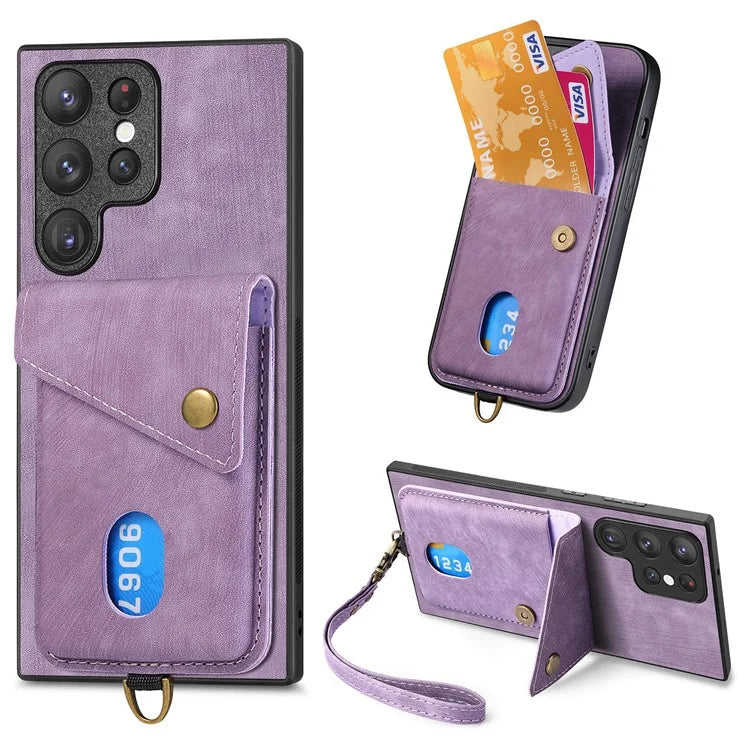 D1 For Samsung Galaxy S22 Ultra 5G Case Kickstand Card Slot Leather+TPU Retro Phone Cover