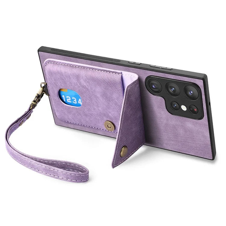 D1 For Samsung Galaxy S22 Ultra 5G Case Kickstand Card Slot Leather+TPU Retro Phone Cover