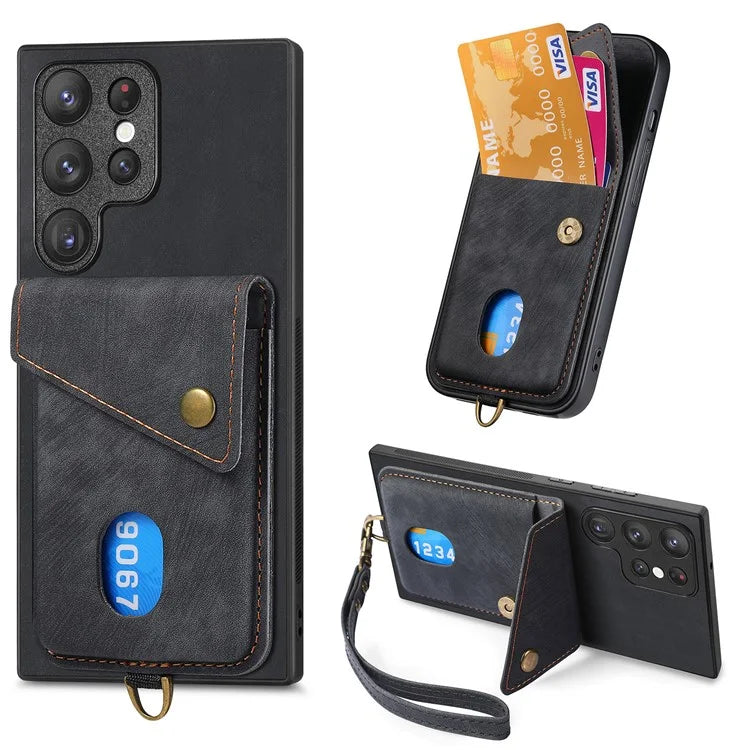 D1 For Samsung Galaxy S23 Ultra Phone Card Case Leather Coated TPU Kickstand Cover
