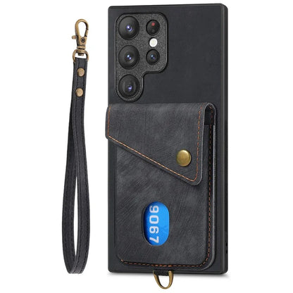 D1 For Samsung Galaxy S23 Ultra Phone Card Case Leather Coated TPU Kickstand Cover