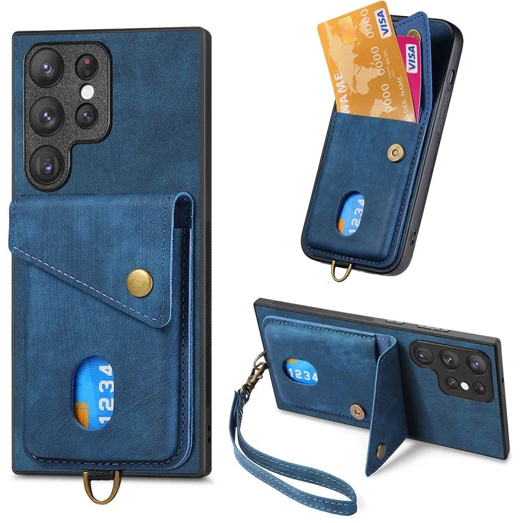 D1 For Samsung Galaxy S23 Ultra Phone Card Case Leather Coated TPU Kickstand Cover