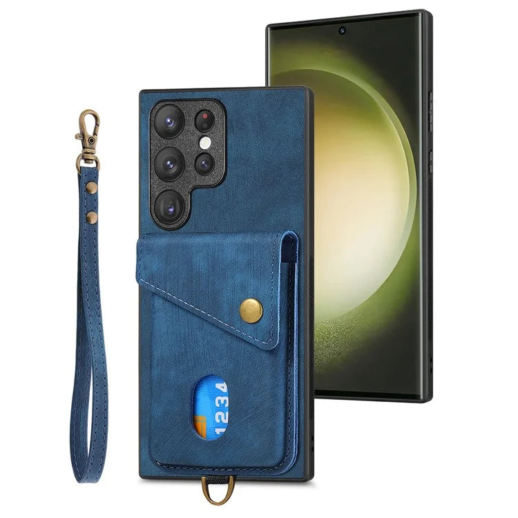 D1 For Samsung Galaxy S23 Ultra Phone Card Case Leather Coated TPU Kickstand Cover