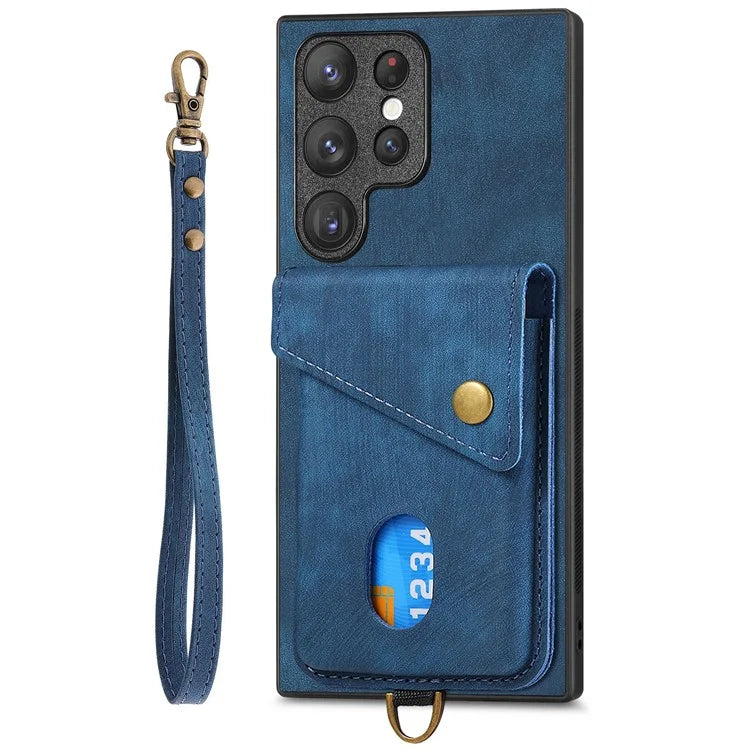 D1 For Samsung Galaxy S23 Ultra Phone Card Case Leather Coated TPU Kickstand Cover