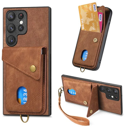 D1 For Samsung Galaxy S23 Ultra Phone Card Case Leather Coated TPU Kickstand Cover