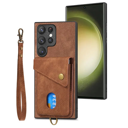 D1 For Samsung Galaxy S23 Ultra Phone Card Case Leather Coated TPU Kickstand Cover