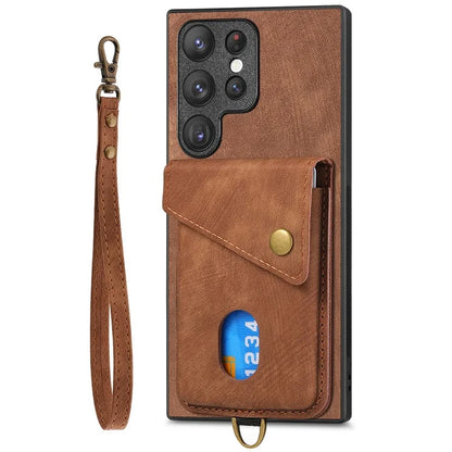 D1 For Samsung Galaxy S23 Ultra Phone Card Case Leather Coated TPU Kickstand Cover