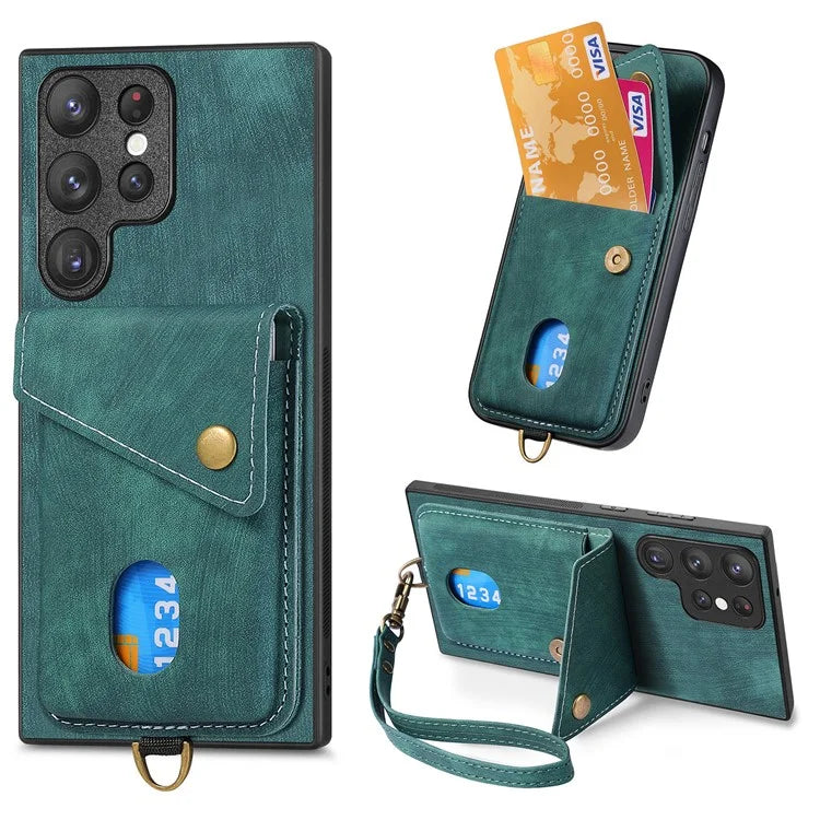 D1 For Samsung Galaxy S23 Ultra Phone Card Case Leather Coated TPU Kickstand Cover