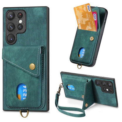 D1 For Samsung Galaxy S23 Ultra Phone Card Case Leather Coated TPU Kickstand Cover