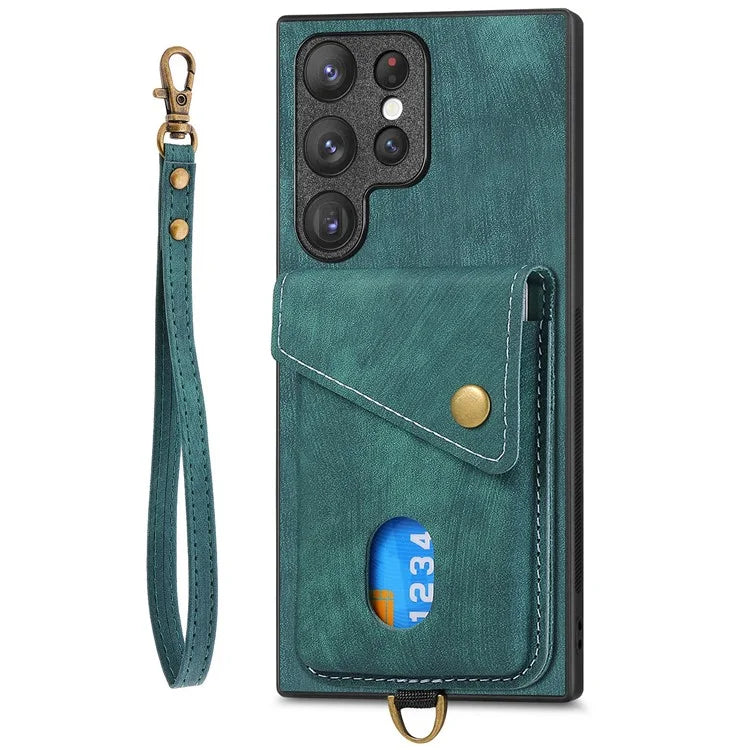D1 For Samsung Galaxy S23 Ultra Phone Card Case Leather Coated TPU Kickstand Cover
