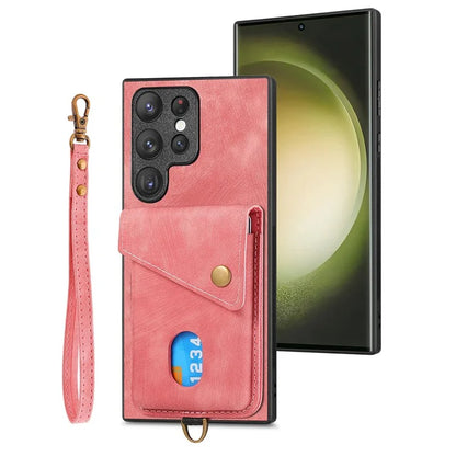 D1 For Samsung Galaxy S23 Ultra Phone Card Case Leather Coated TPU Kickstand Cover