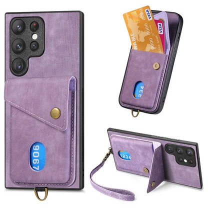 D1 For Samsung Galaxy S23 Ultra Phone Card Case Leather Coated TPU Kickstand Cover