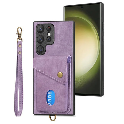 D1 For Samsung Galaxy S23 Ultra Phone Card Case Leather Coated TPU Kickstand Cover