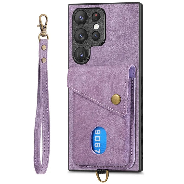 D1 For Samsung Galaxy S23 Ultra Phone Card Case Leather Coated TPU Kickstand Cover