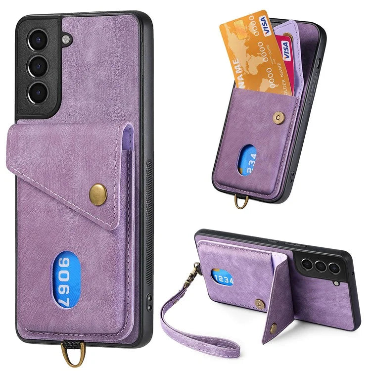 D1 For Samsung Galaxy S21+ 5G Case Card Slot Leather + TPU Phone Cover with Strap