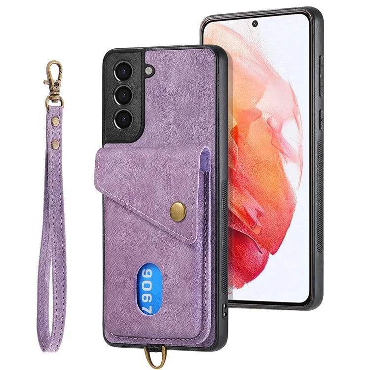 D1 For Samsung Galaxy S21+ 5G Case Card Slot Leather + TPU Phone Cover with Strap